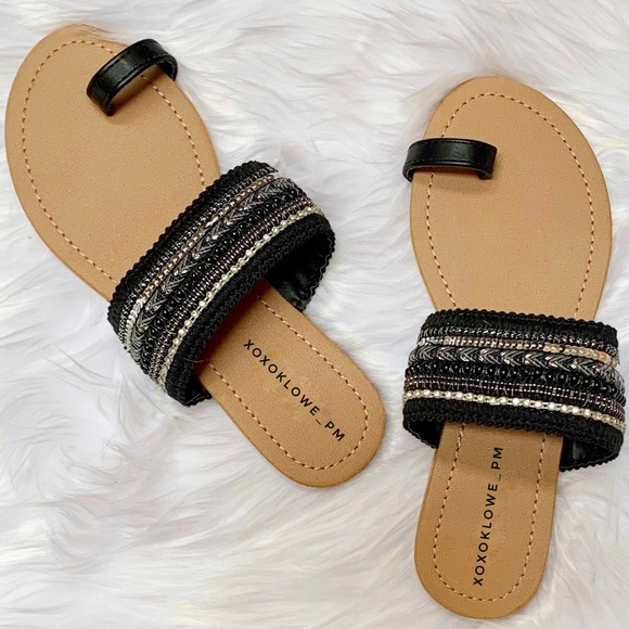 Black + Silver Boho Embellished Toe Ring Slide Sandal Size 5.5 & 6 - Picture 4 of 10